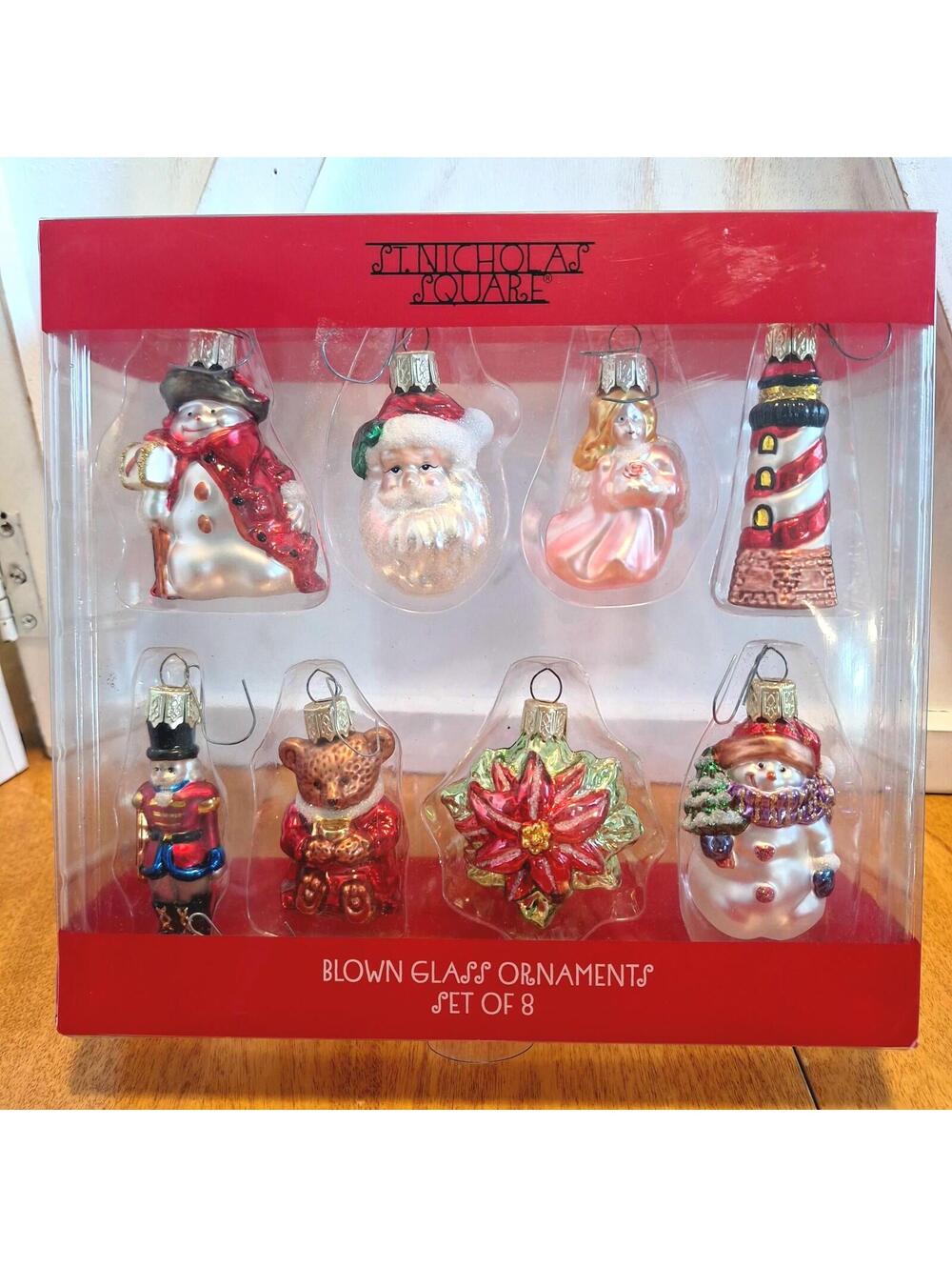 Set of 8 St Nicholas Square Blown Glass Christmas Ornaments